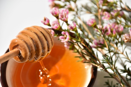 Manuka Honig neben Blüten