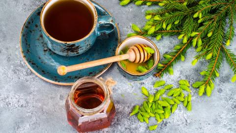 Tannenhonig im Glas neben Tannenzweigen