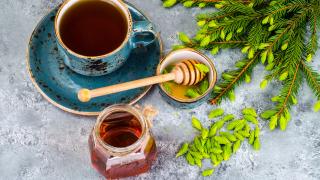 Tannenhonig im Glas neben Tannenzweigen