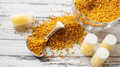 Gelee Royal Pulver und Gläser auf Tisch