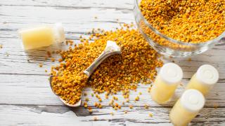 Gelee Royal Pulver und Gläser auf Tisch